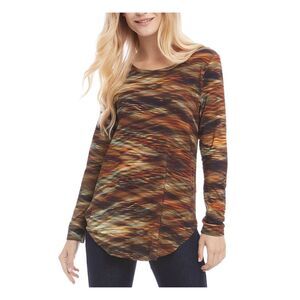 KAREN KANE Womens Brown Stretch Long Sleeve Scoop Neck Wear To Work Tunic Top S